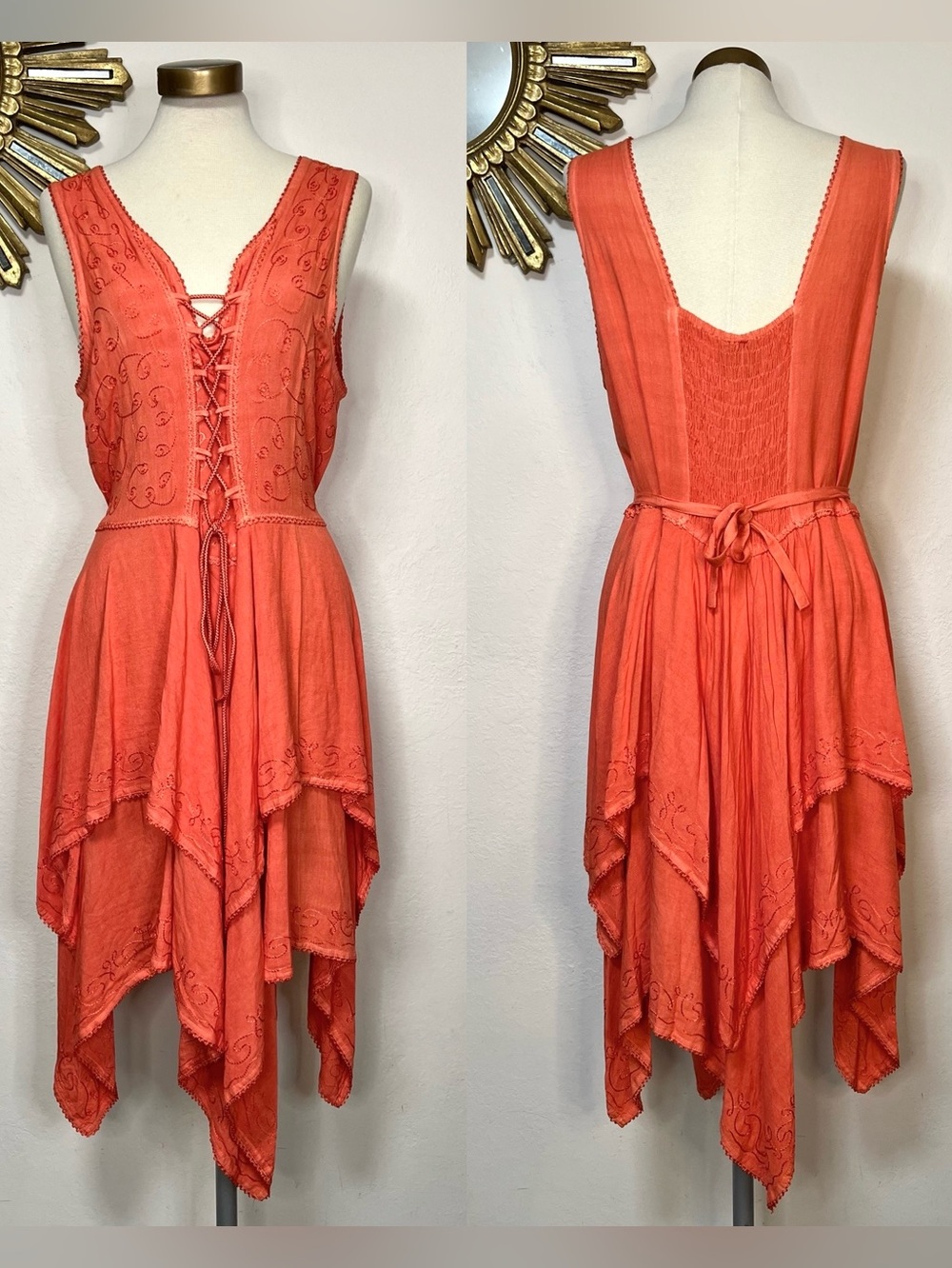 Flower Handkerchief Hem Lace-Up Sleeveless Dress in Orange Coral